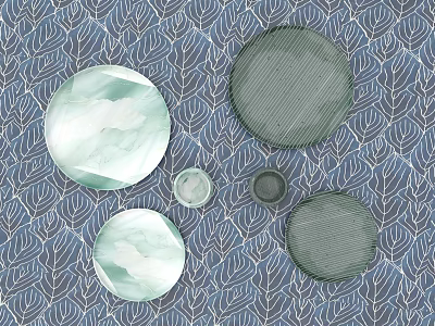Creative Plate Decoration With Light Green And Dark Green Plates On Blue Leaf Pattern Background 3d model