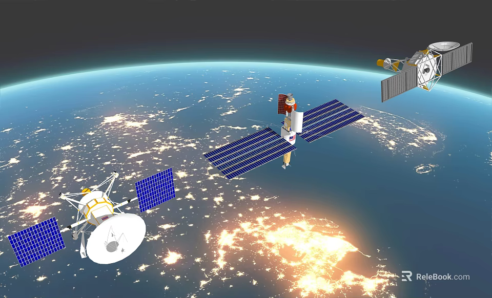 Satellites With Solar Panels Orbiting Earth Over Illuminated Night Lights 3d model 