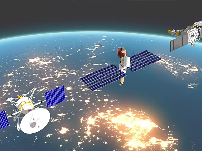 Satellites With Solar Panels Orbiting Earth Over Illuminated Night Lights 3d model