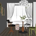 Bright Restaurant Interior With Large Window White Curtains Flower Vase Table And Chairs 3d model