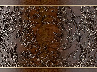Intricate Carved Wooden Panel With Koi Fish Lotus And Moon Design 3d model