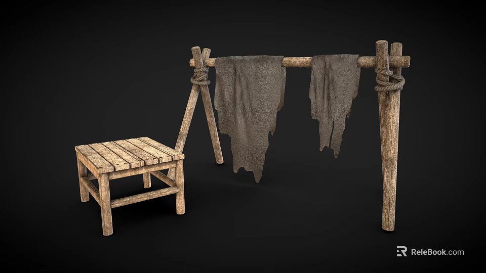 Rustic Wooden Frame with Hanging Cloths and Simple Wooden Stool 3d model 