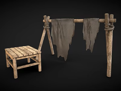 Rustic Wooden Frame with Hanging Cloths and Simple Wooden Stool 3d model