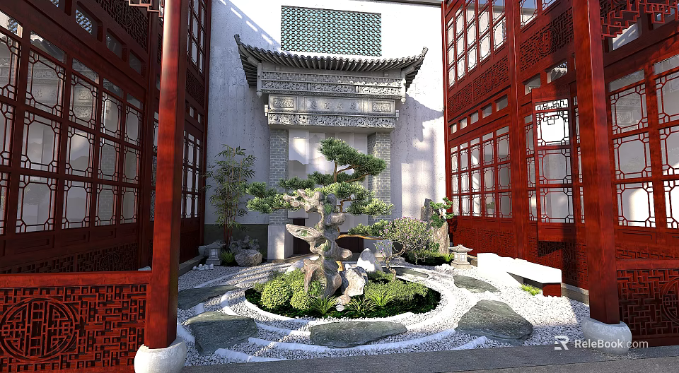 Traditional Chinese Garden Landscape Design With Courtyard Carved Wall Pine Tree And Red Pillars 3d model 