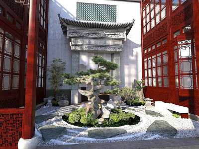Traditional Chinese Garden Landscape Design With Courtyard Carved Wall Pine Tree And Red Pillars 3d model