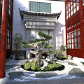 Traditional Chinese Garden Landscape Design With Courtyard Carved Wall Pine Tree And Red Pillars