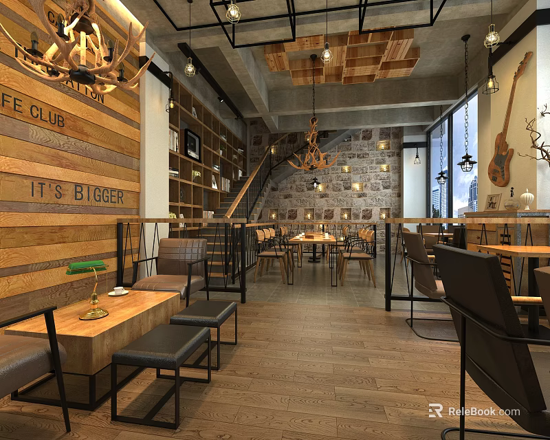 Rustic Coffee Shop Interior With Wooden Wall Stone Wall Chandeliers And Guitar Decor 3d model 