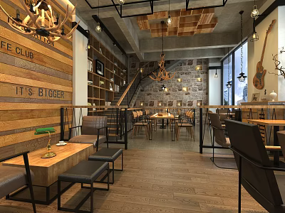 Rustic Coffee Shop Interior With Wooden Wall Stone Wall Chandeliers And Guitar Decor 3d model