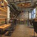 Rustic Coffee Shop Interior With Wooden Wall Stone Wall Chandeliers And Guitar Decor