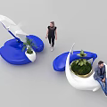Modern Public Chair Design In Blue And White With Potted Plants For Seating