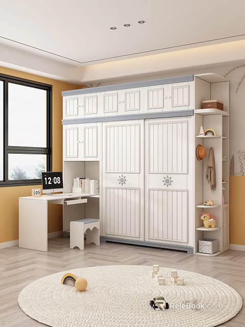 Practical White Wardrobe With Sliding Doors Desk Stool And Top Storage Cabinets 3d model