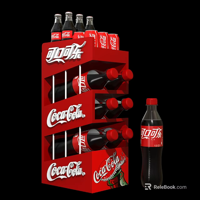Coca Cola Display Shelf Stocked With Bottles And Cans For Retail Promotion 3d model 