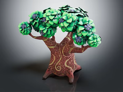 Cartoon Tree Scene With Green Leaves Purple Flowers Patterned Trunk And Decorative Base 3d model