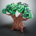 Cartoon Tree Scene With Green Leaves Purple Flowers Patterned Trunk And Decorative Base