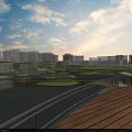 Modern Urban Park Landscape With Curved Walkway Green Lawn White Pavilion And Distant City Skyline