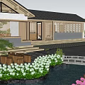 Rural Self Built House Exterior Design With Traditional Roof Garden Pond And Flowers