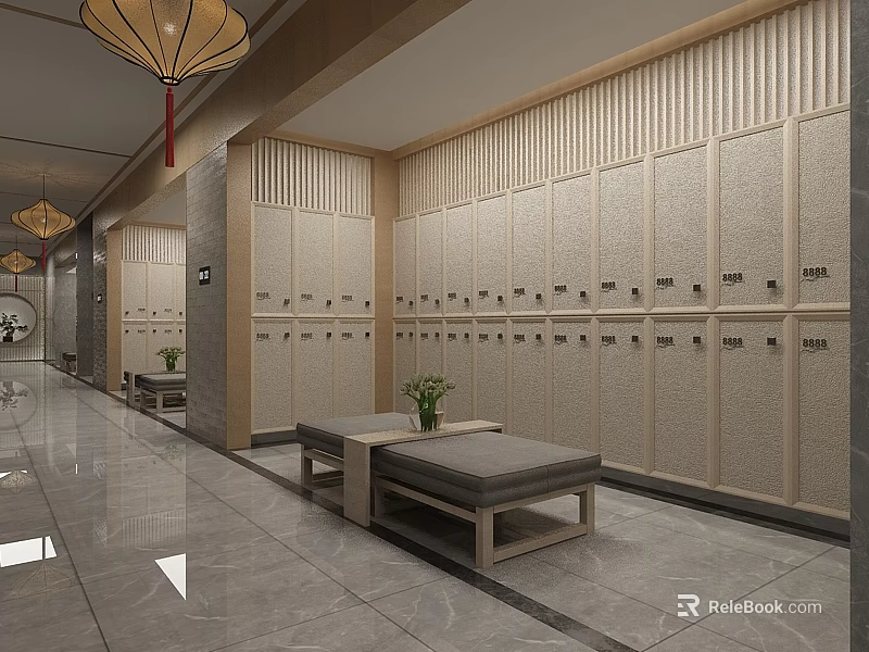 Serene SPA Sauna Locker Room With Wooden Lockers Marble Floor And Chinese Lantern Decorations 3d model 