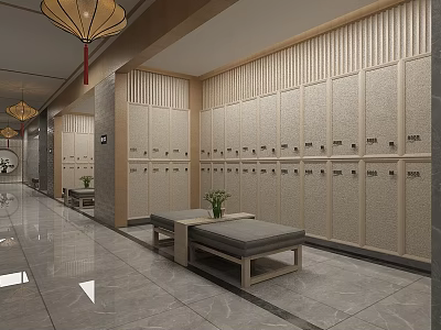 Serene SPA Sauna Locker Room With Wooden Lockers Marble Floor And Chinese Lantern Decorations 3d model