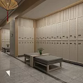 Serene SPA Sauna Locker Room With Wooden Lockers Marble Floor And Chinese Lantern Decorations