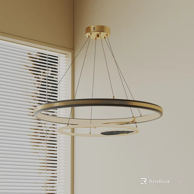 Modern Gold Black Double Ring Chandelier Hanging In Interior With Window Blinds 3d model 