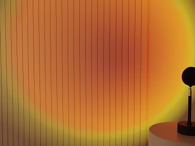 Modern Black Floor Lamp on Round Table with Warm Orange Glow against Vertical Striped Wall 3d model