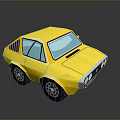Yellow Cartoon Style Car With Blue Windows And Purple Wheels On Reflective Surface