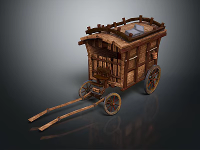 Traditional Wooden Horse Carriage With Side Fencing Wooden Wheels And Roof Design 3d model