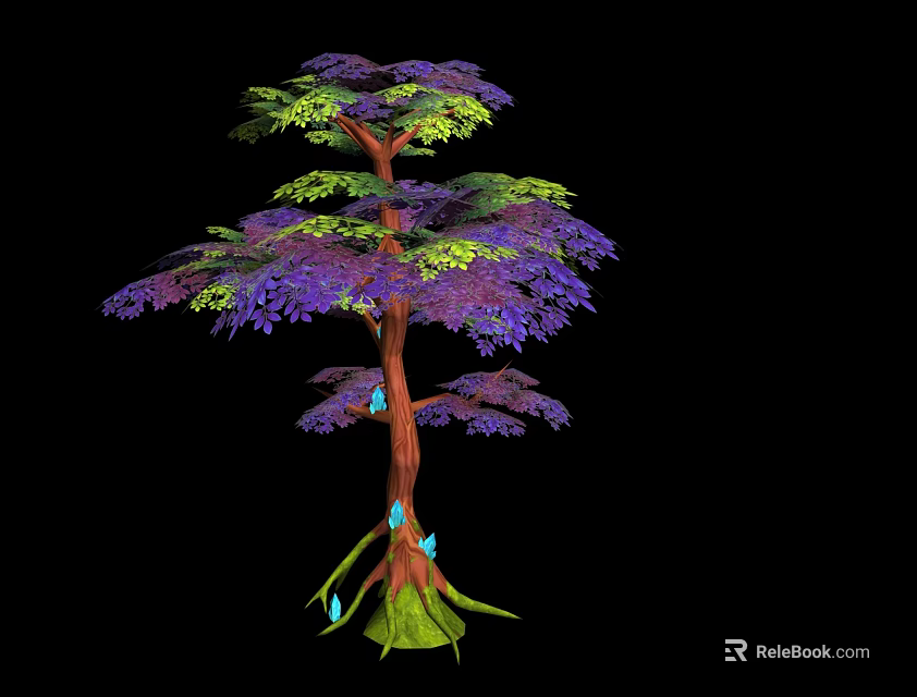 Vibrant Tree With Purple Green Leaves Brown Trunk Green Roots And Blue Accents 3d model 