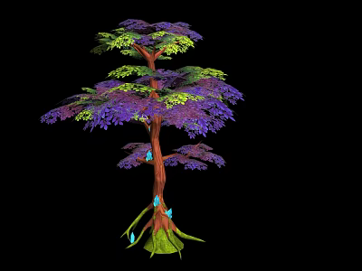 Vibrant Tree With Purple Green Leaves Brown Trunk Green Roots And Blue Accents 3d model