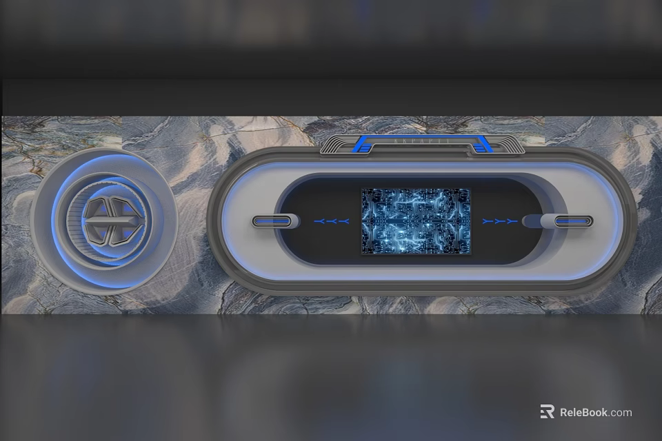 Futuristic Art Installation With Circular Frame Blue Lighting And Digital Display Screen 3d model