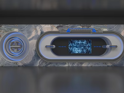 Futuristic Art Installation With Circular Frame Blue Lighting And Digital Display Screen 3d model