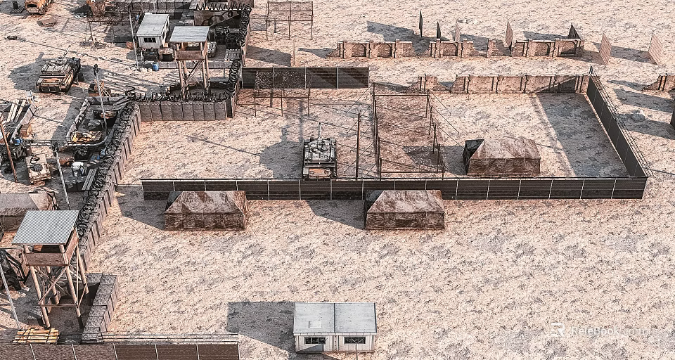 Desert Camp Site With Fences Tents And Small Buildings On Sandy Terrain 3d model 