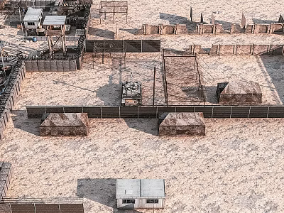 Desert Camp Site With Fences Tents And Small Buildings On Sandy Terrain 3d model