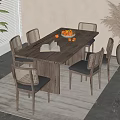 Wooden Dining Table Set with Six Chairs Bowl of Fruits and Pampas Grass Vase