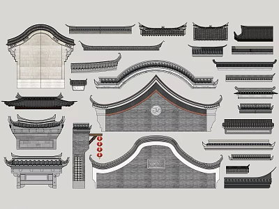 Traditional Chinese Architectural Exterior Wall Featuring Classical Roof Tile And Decorative Cornice Designs 3d model