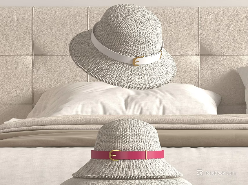 Two Straw Hats With White And Pink Belts On Bed 3d model 