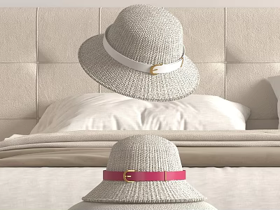 Two Straw Hats With White And Pink Belts On Bed 3d model
