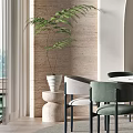 Modern Dining Room Interior With Round Table Green Chairs Arched Doorway Wooden Wall And Plant