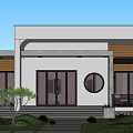 Modern Homestay Architecture with White Gray Exterior Large Windows Wooden Accents Circular Design