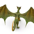 Detailed Mythical Green and Yellow Dragon Standing with Spread Wings