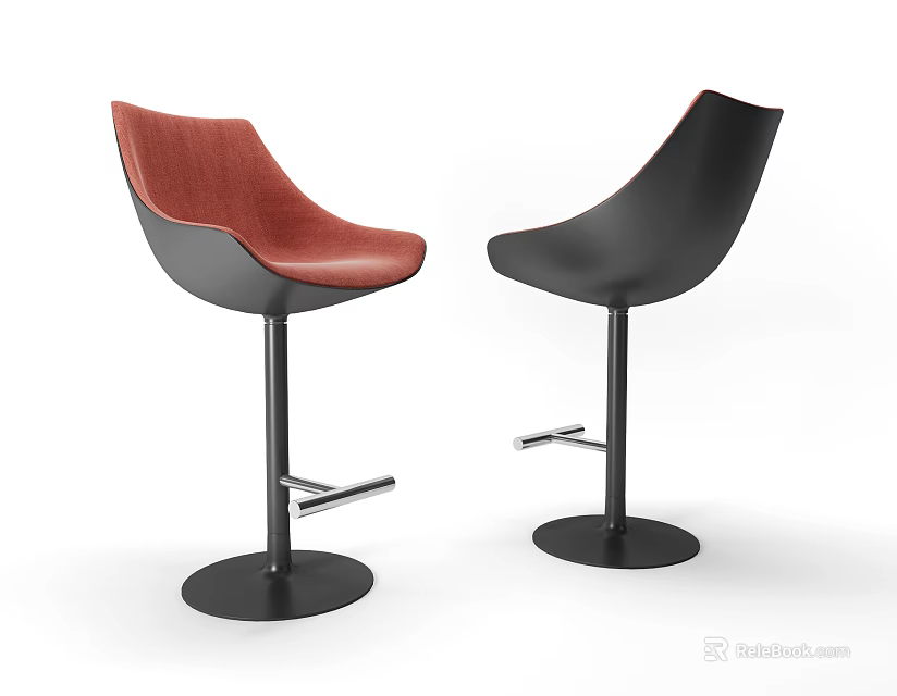 Modern Red and Black Bar Stools with Curved Backrest Round Metal Base and Footrest 3d model 