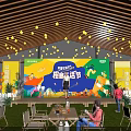 Smart Living Festival Scene With Wooden Roof Hanging Yellow Lanterns Green Stage Lawn Seating