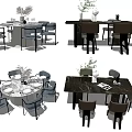 Modern Dining Table Set With Blue Dark Chairs Vases Green Plants And Tableware 3d model