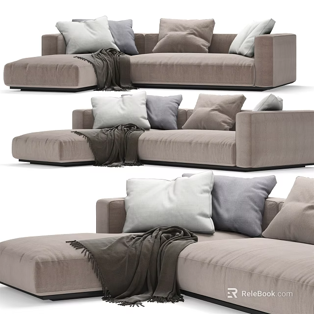 Modern Fabric Sectional Sofa With Soft Pillows And Cozy Throw Blanket 3d model 