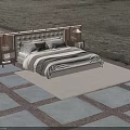 Modern Double Bed With Wooden Headboard Nightstands Table Lamps And Striped Bedding On Rug