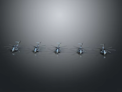 Five Shiny Helicopter Models Arranged In A Row On Grey Background 3d model