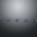 Five Shiny Helicopter Models Arranged In A Row On Grey Background