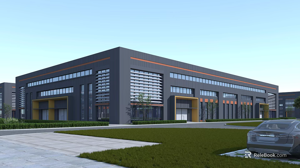 Modern Industrial Factory Building With Glass Windows Orange Decorative Lines Lawn And Road 3d model 