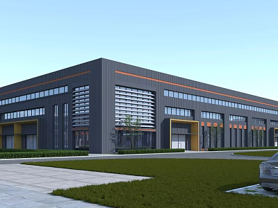 Modern Industrial Factory Building With Glass Windows Orange Decorative Lines Lawn And Road 3d model