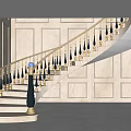 Luxurious Spiral Staircase With Marble Steps Black Balusters Golden Decorations And Paneled Walls